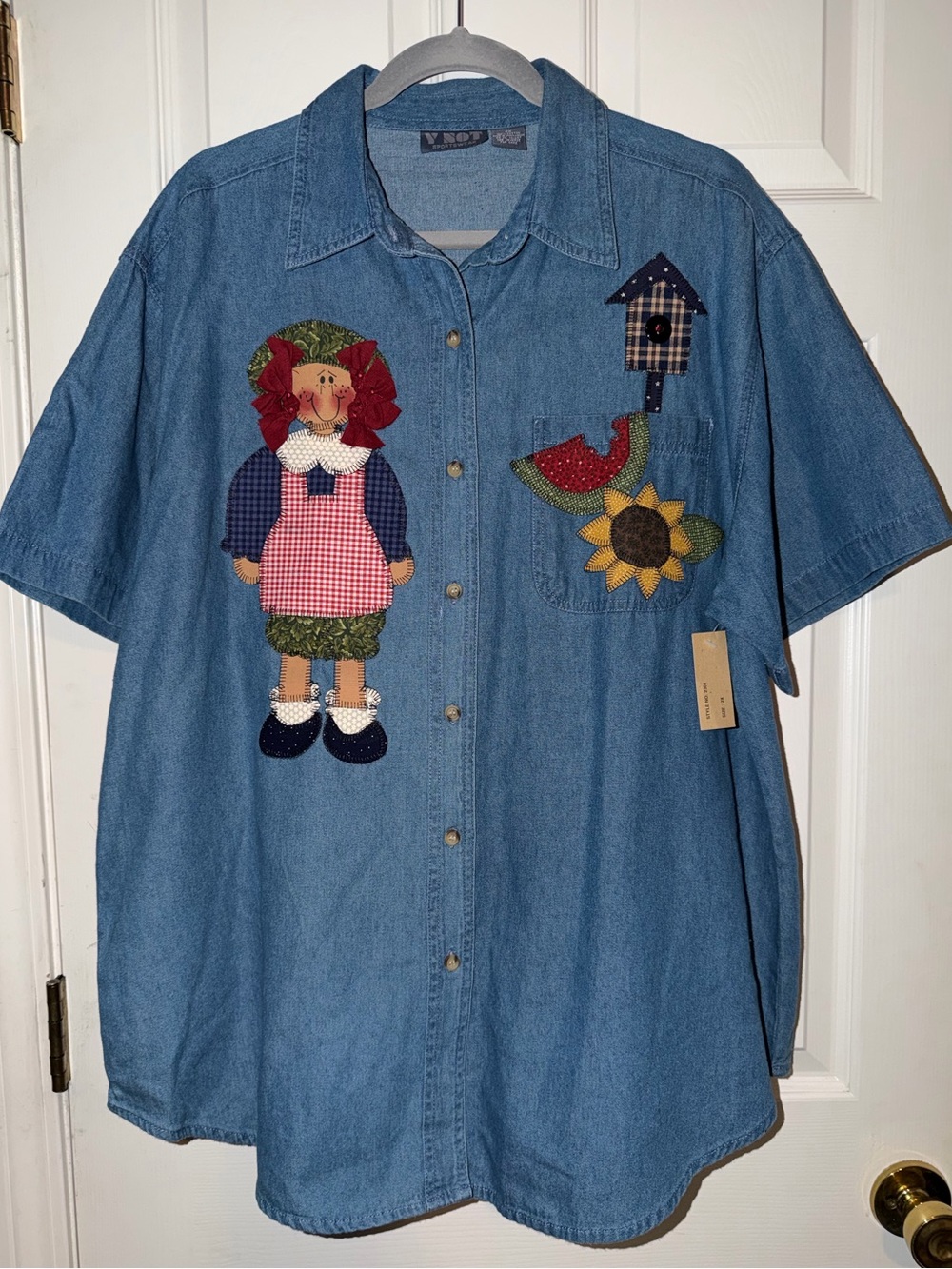Denim Button-Down Shirt with Doll and Sunflower Appliqués - Blue